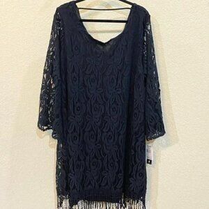 NWT ING+ Lace Black Dress Bell Sleeves and fringe bottom Size 3X